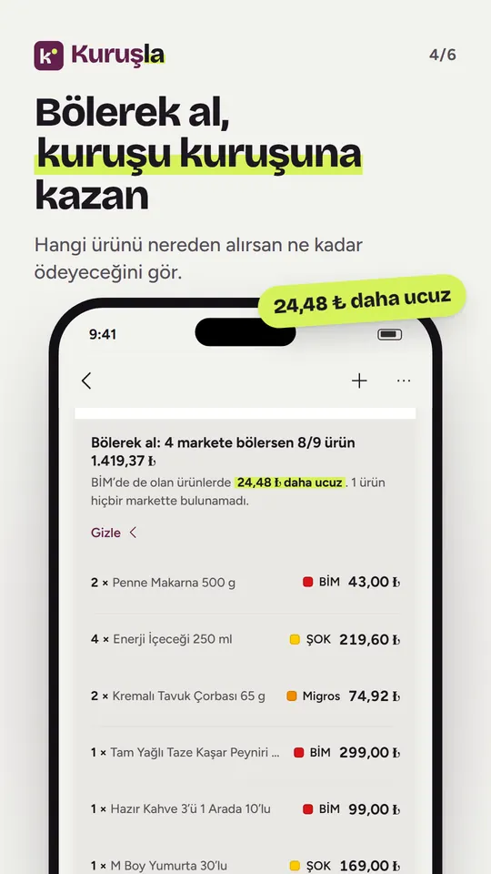 Bölerek al ekranı: ürünleri farklı marketlerden alınca oluşan tasarruf